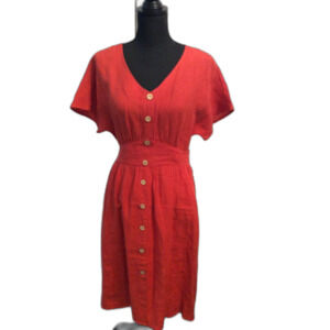 Grae Cove 100% Linen Dress V Neck Short Sleeve Faux Button Front Pockets Medium